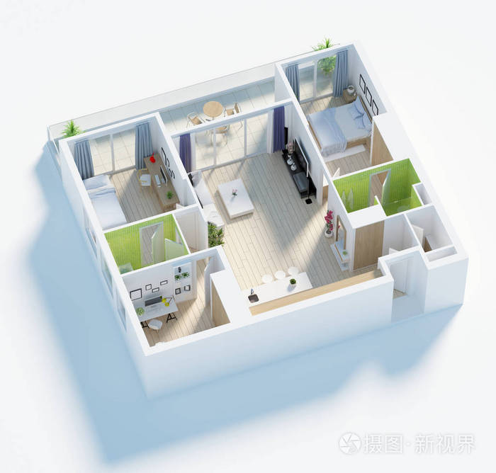 房屋顶部平面图3d 插图.开放式概念生活公寓布局