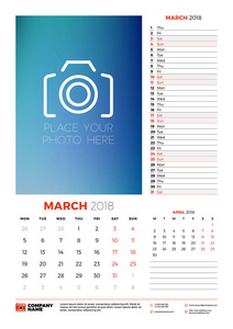 矢量日历规划器模板2018年。3月。矢量设计打印模板与地方为相片。本周开始于星期一