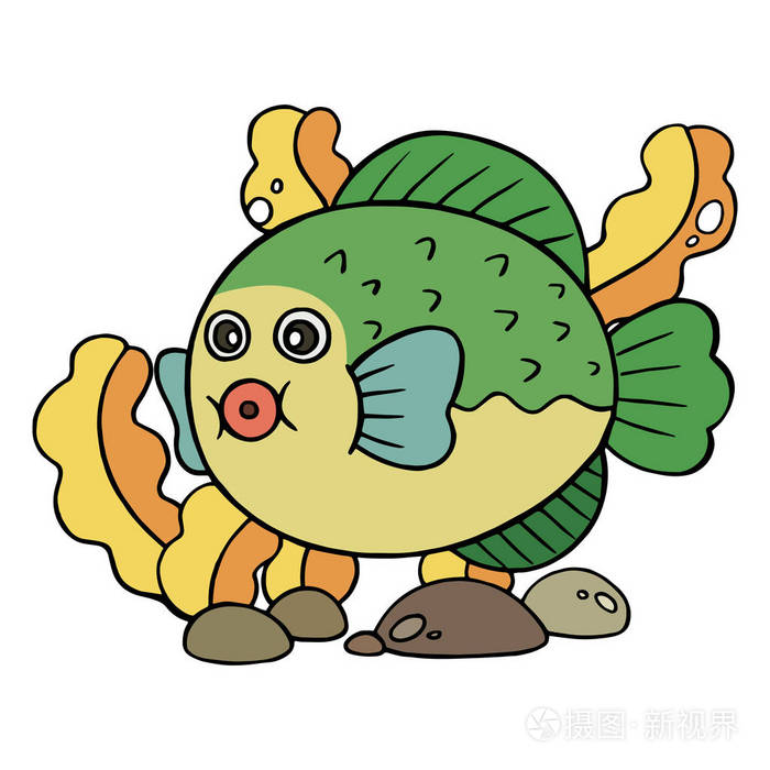 可爱的卡通河豚在白色背景上的儿童版画, t恤, 彩色书