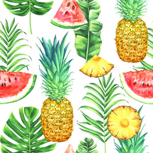 白色背景的菠萝西瓜和热带树叶的无缝水彩图案