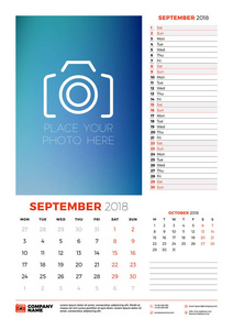 矢量日历规划器模板2018年。9月。矢量设计打印模板与地方为相片。本周开始于星期一