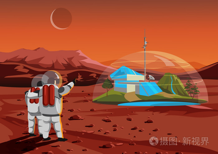 插画 家在火星上的空间.基地的人类在太空.矢量图.eps