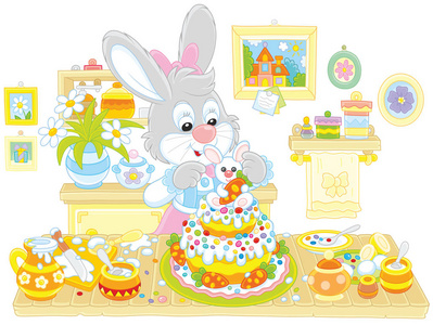 小兔子装饰一个奇特的蛋糕复活节, 一个有趣的卡通风格的矢量插图