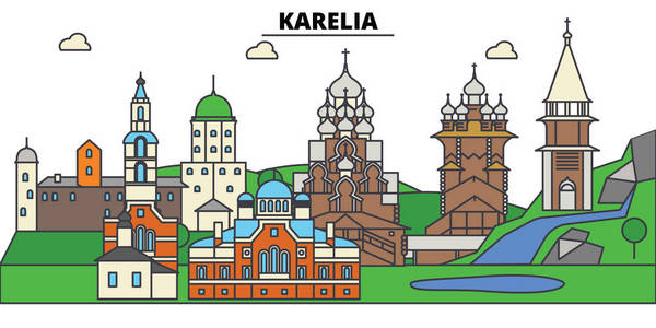 俄罗斯，卡累利阿，彼得。城市天际线 建筑 建筑 街道 剪影 风景 全景 地标。可编辑的笔画。平面设计线矢量图的概念