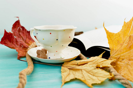 一杯茶在秋叶旁的书旁边。教育和舒适
