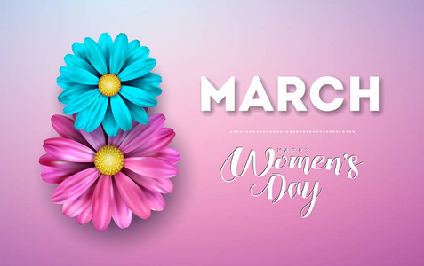 3月8日。快乐妇女节花卉贺卡。国际假日插画与花卉设计粉红色的背景。矢量弹簧模板