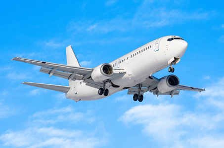 乘客飞机与底盘在着陆之前被发布了在机场反对蓝色天空