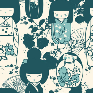 seamles 图案与日本传统娃娃kokeshi 和樱花花