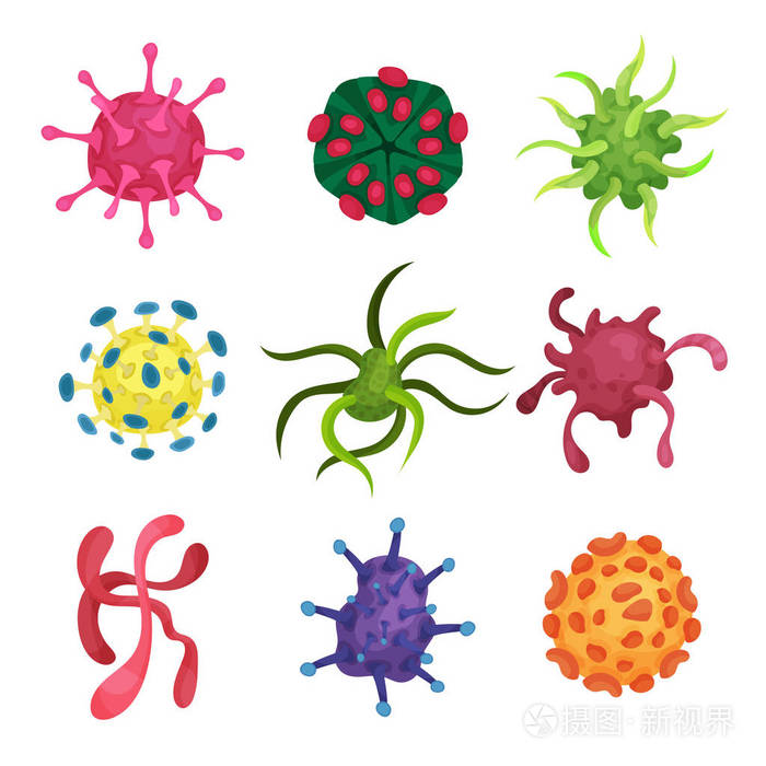 收集各种颜色和形状的显微病毒.微生物学概念.