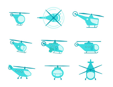 很好的一套直升机为您设计运输飞行收集航空。平面矢量股票插图。蓝颜色