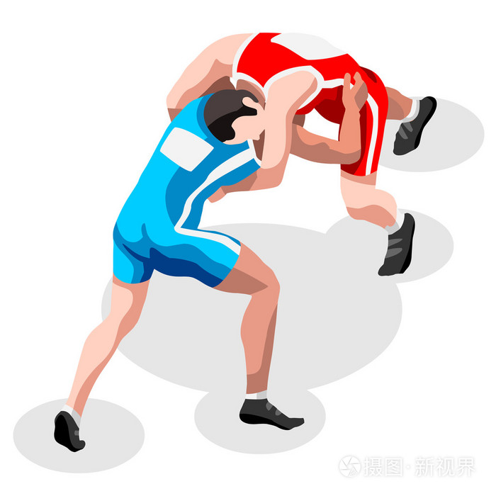 摔跤自由式战斗夏天游戏图标 set.3d 等距战斗 athletes.