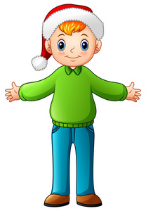 矢量插画快乐男孩卡通穿着绿色圣诞毛衣