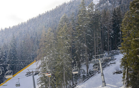 Chairlift 在意大利滑雪区积雪覆盖阿尔卑斯山和松树