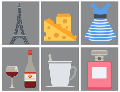 巴黎图标矢量著名旅游料理传统现代法国文化欧洲埃菲尔铁塔时尚设计建筑符号插图