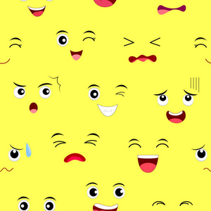 滑稽的面孔无缝样式。面部表情卡通人物。在黄色背景上隔离的矢量插图
