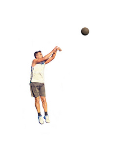 左撇子篮球运动员跳跃射击在白色