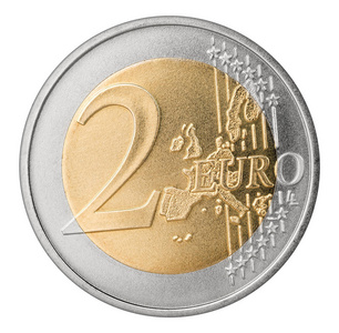 两个欧元硬币孤立的白色背景金融货币符号