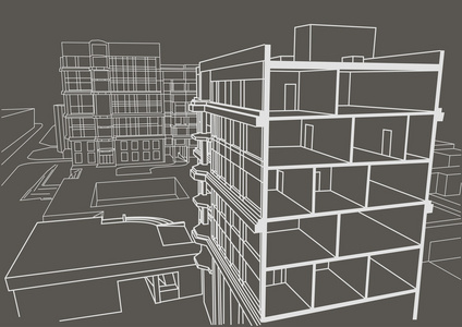 建筑的线性素描多层公寓楼。在灰色的背景上的剖面图