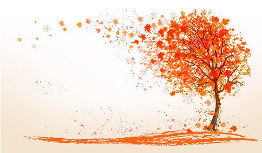 一棵树与金黄的叶子的秋天背景。矢量