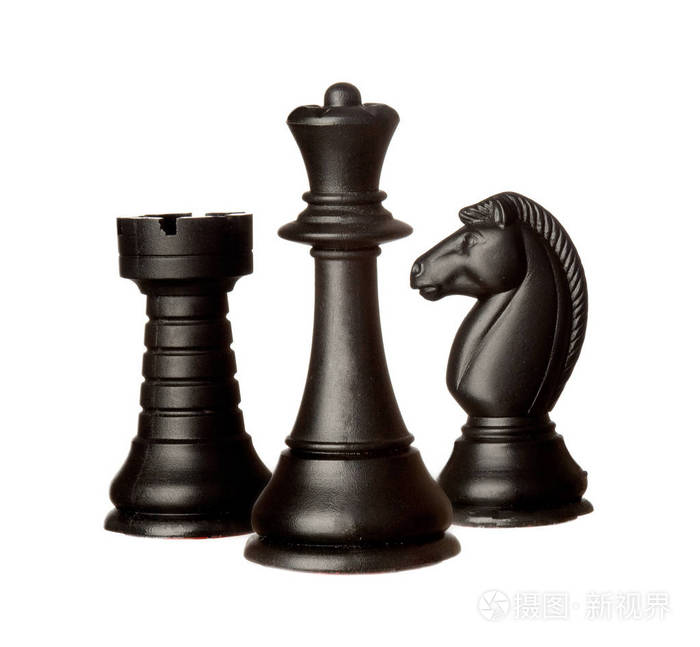三黑棋片断在白色背景企业和战略概念被隔绝了