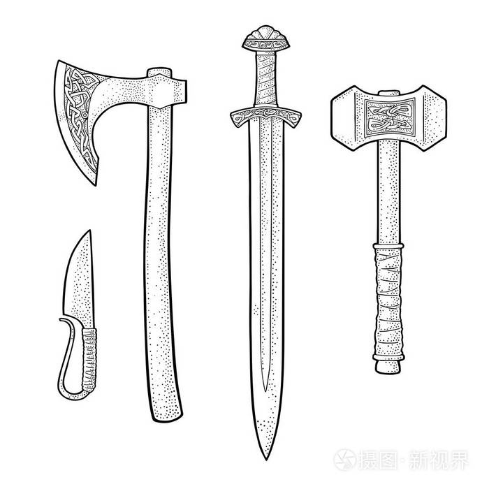 设置边缘武器维京.刀, 斧头, 剑, 锤子.复古雕刻