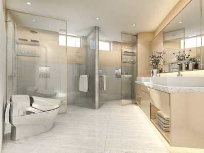 3d 渲染奶油现代老式浴室与豪华瓷砖装饰