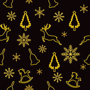 圣诞节的无缝图案, 金色的圣诞树, 鹿, 圣诞钟声, 摇摆的马和黑色背景的雪花。矢量插图