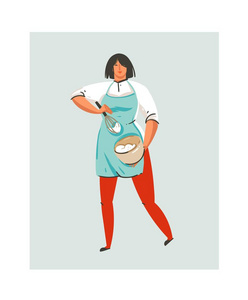 手绘矢量抽象现代卡通烹饪时间有趣的插图图标与烹调厨师妇女在蓝色围裙在白色背景下的锅里准备生奶油