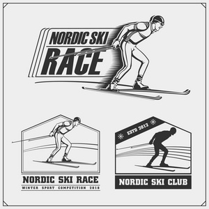 一套滑雪标志与运动员。冬季运动