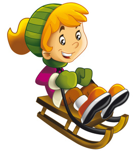 卡通儿童滑落在雪橇上