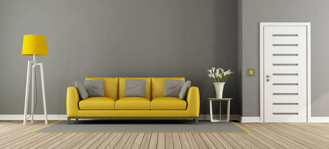 灰色的客厅里，有黄色的沙发