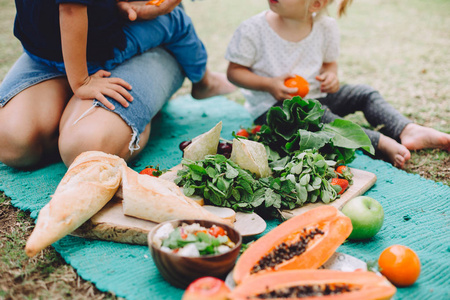 年轻的妇女和可爱的小孩子在夏季野餐放松与健康的食物