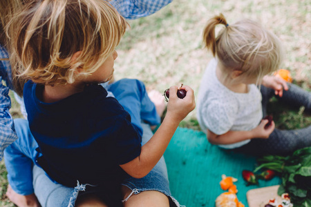 小女孩和男孩与健康食物放松在夏天野餐