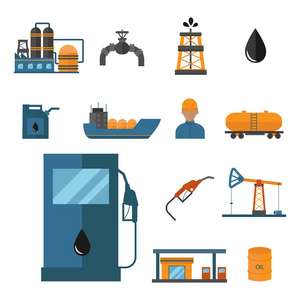 矿物油石油提取生产运输厂后勤装备矢量图标插画