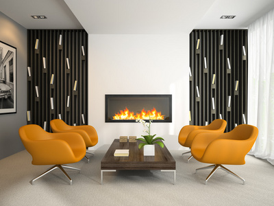 室内的橙色扶手椅 3d 渲染的现代房 2