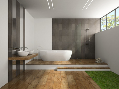 内部的浴室配有草楼 3d 渲染