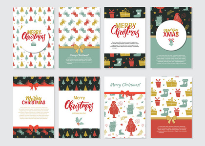 矢量圣诞贺卡集, 在老式风格的小册子。冬天的季节和圣诞符号, 丝带和文字。圣诞设计