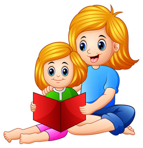 母亲和女儿阅读书的矢量插图在白色背景