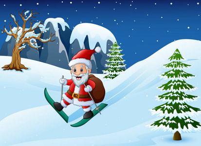 卡通圣诞老人滑雪的矢量插图雪下坡的礼物袋