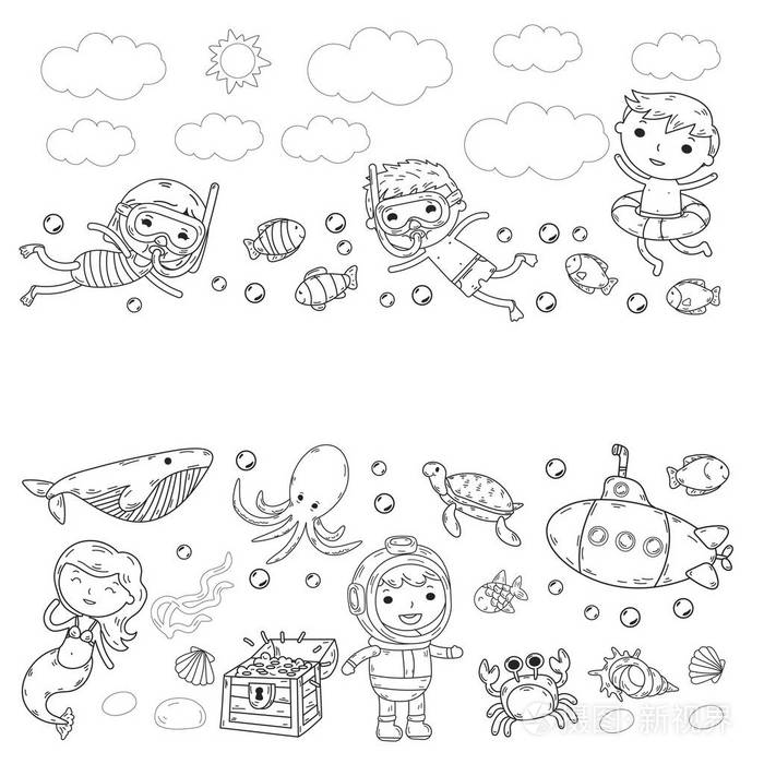 孩子们的水上乐园海洋和海洋探险.夏季.孩子们画画