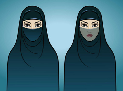 两个动画阿拉伯女孩身穿传统服装。蓝色背景上孤立