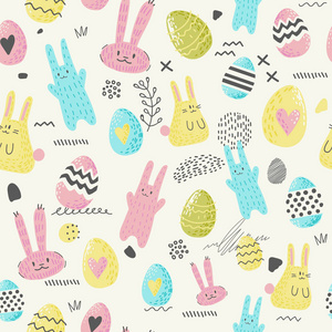 复活节快乐无缝模式与鸡蛋, 兔子和花朵。春季背景为面料, 包装纸和贺卡。矢量插图
