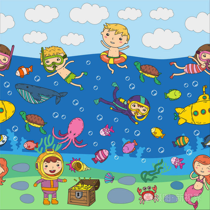 孩子们的水上乐园海洋和海洋探险.夏季.孩子们画画