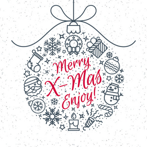 圣诞贺卡与球组成标志快乐 X mas 享受和节日图标