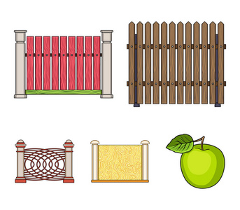 金属和砖块的栅栏, 木栅栏。一个不同的围栏集图标在卡通风格的矢量象征股票插图网站