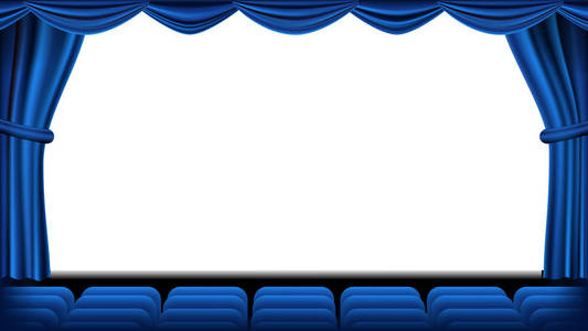 带座位向量的礼堂。蓝色窗帘。电影院, 电影院和座位。舞台和椅子。蓝色窗帘。剧院.现实例证