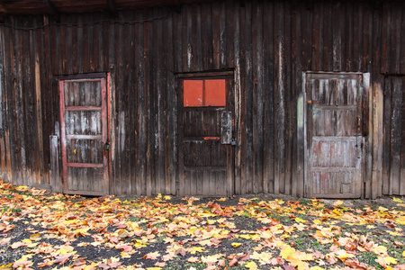 秋天落叶的老木门背景
