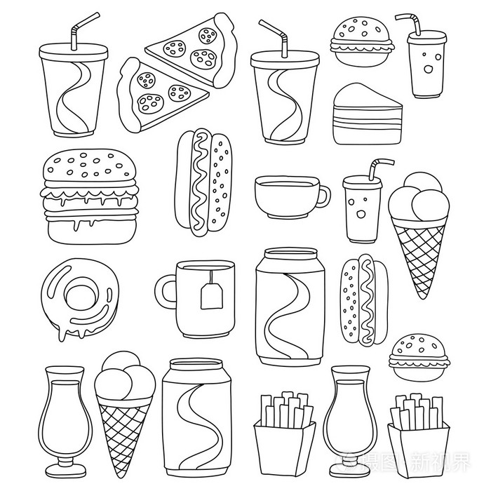 手工绘制的矢量涂鸦图标的快餐菜单,餐厅