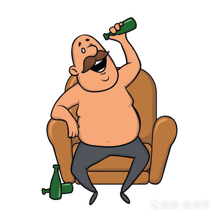 插画 坐在椅子上喝啤酒的男人.矢量插图 在白色上隔离.eps