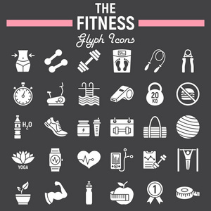 健身标志符号集, 运动符号收集, 矢量草图, 标志插图, 健康饮食标志实心象形图封装黑色背景, eps 10